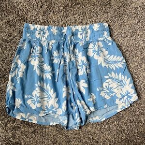 Blue and White Hawaiian Print Lounge Shorts with Drawstring Waist